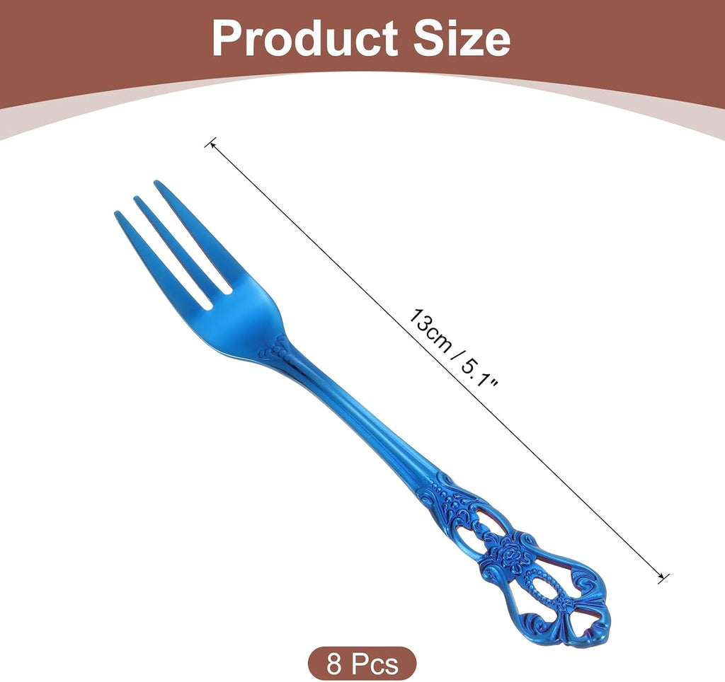 uxcell 8 Pcs Salad Forks  5.1 Inches Stainless Steel Dessert Forks  Mirror Polished  Dishwasher Safe  Tiny Forks for Small Desserts  Cocktails  Blue