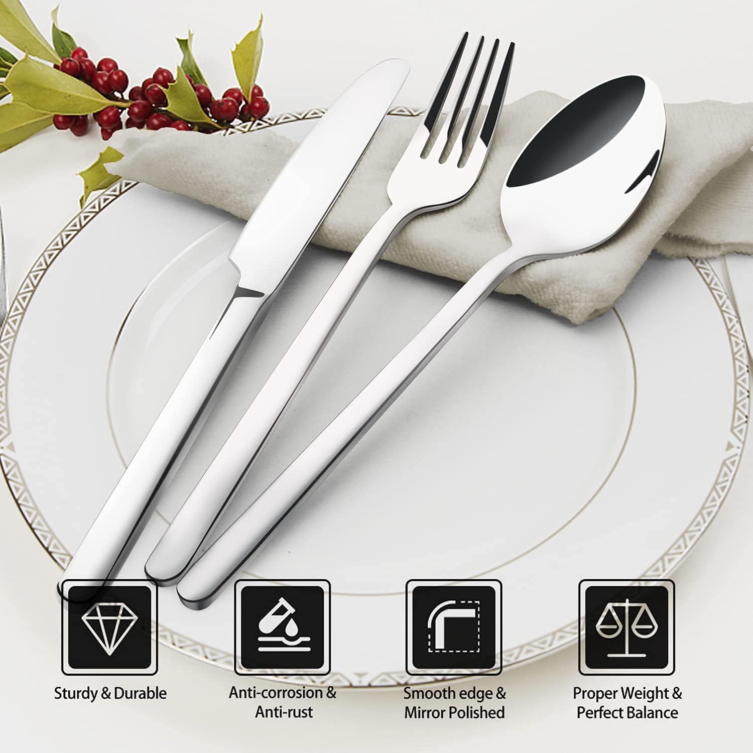 KINGSTONE Silverware Set  20 Piece Flatware Cutlery Set for 4  18/10 Stainless Steel Silverware Mirror Polished Dishwasher Safe for Home  Restaurant  Wedding  Party(Silver  20 pieces for 4)