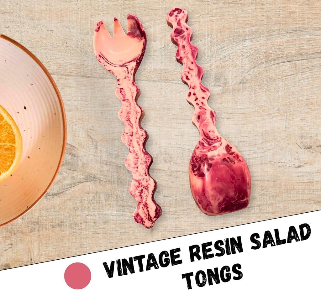 Vintage Style Salad Serving Spoon & Fork Set | Durable Lightweight Resin Utensils with Textured Handles | Elegant Retro Flatware for Kitchen  Dining  Entertaining & Gift Giving (Peach)